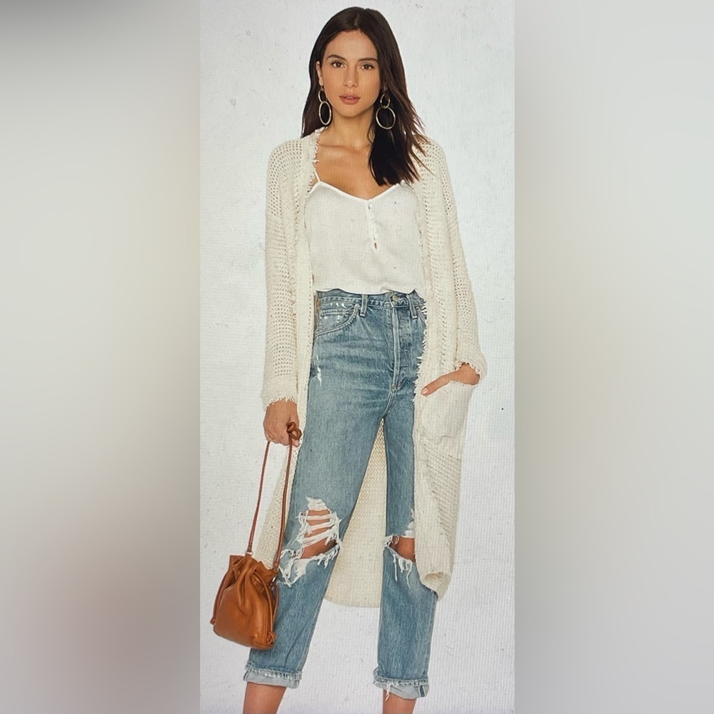 Free People Cream Open-Knit Long Cardigan